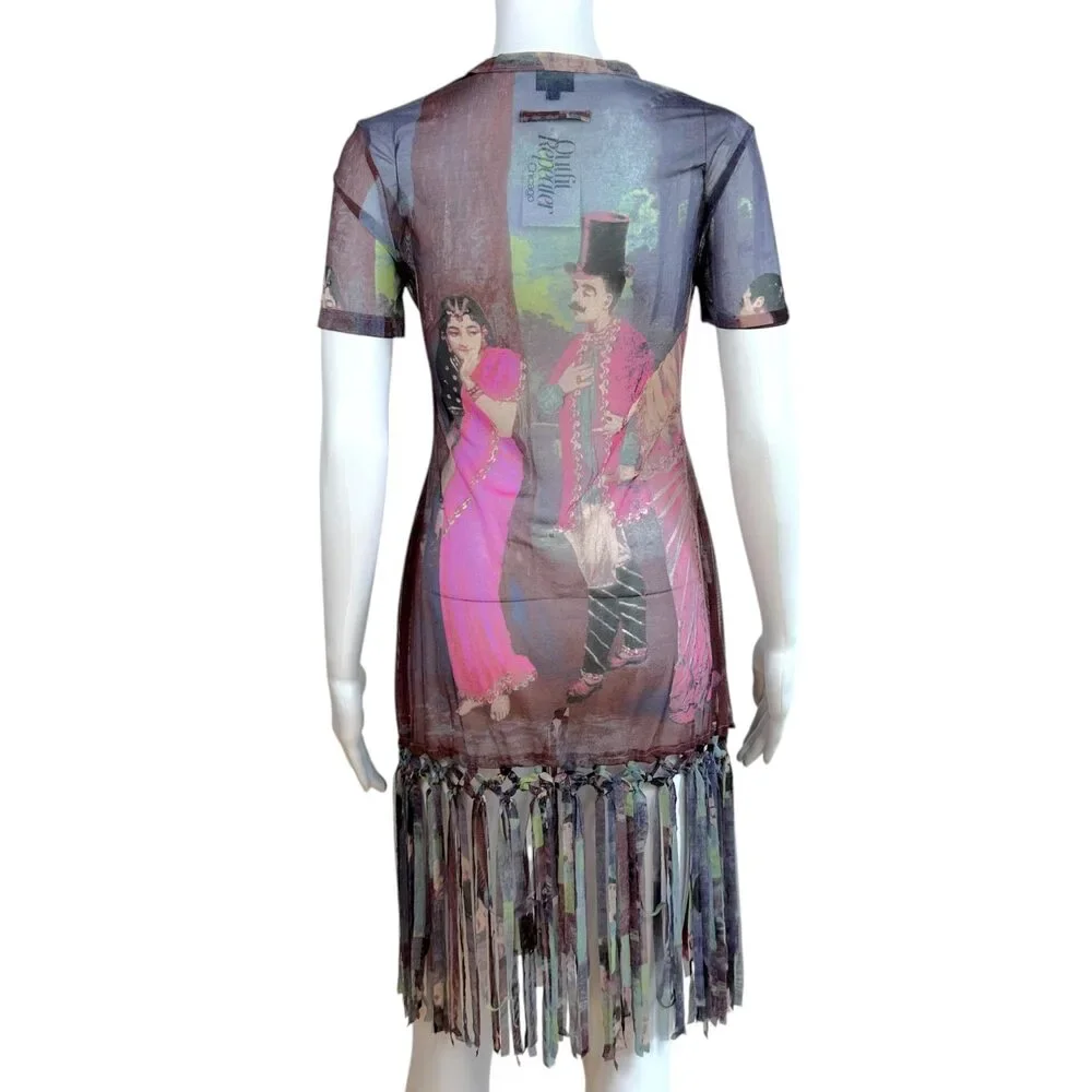 Jean Paul Gaultier Purple Multicolor People Print Fringe Trim Mesh Mini Dress - Picture 4 of 5